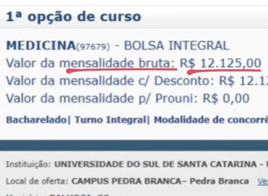 Print real do valor da mensalidade de Medicina em faculdade particular