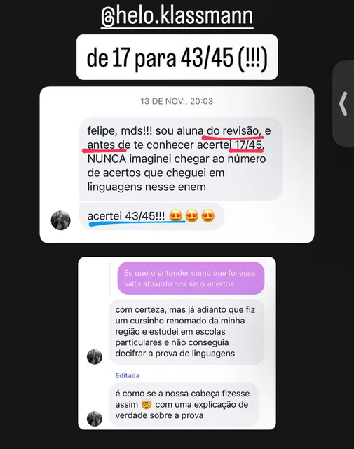 Print real: aluna do Revisão IHM foi de 17 para 43 de 45 em Linguagens