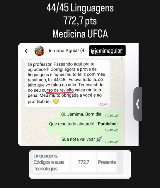 Print real: aluna do Revisão IHM fez 44 de 45 e 772,7 pontos em Linguagens — Medicina UFCA
