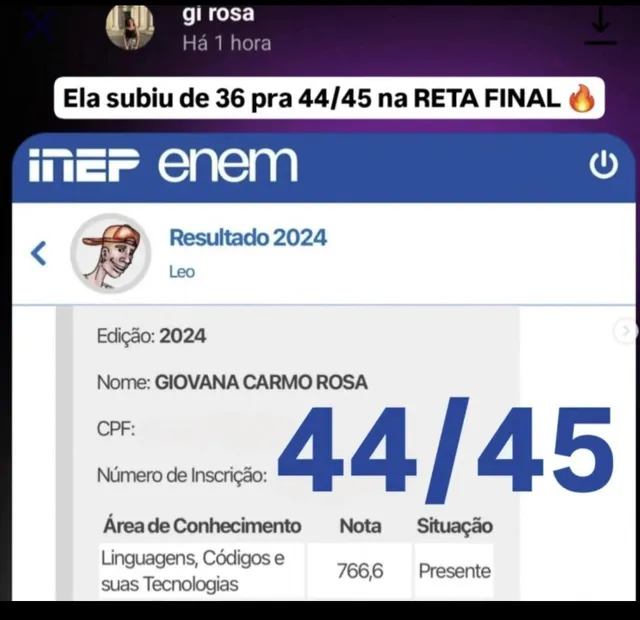 Print real: boletim do ENEM com 44 de 45 em Linguagens — subiu de 36 na reta final